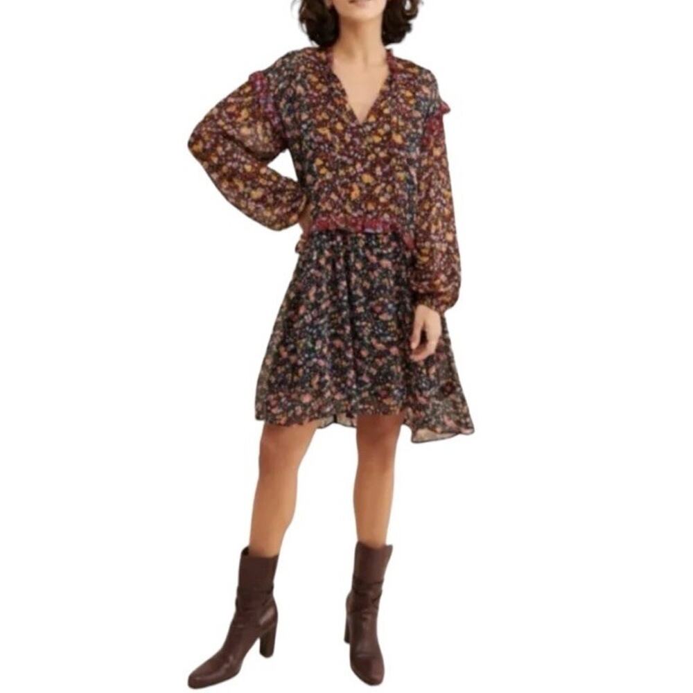 Anthropologie Helene Sheer Drop Waist Black Floral Ruffled Dress Size M *C3 - Picture 6 of 6